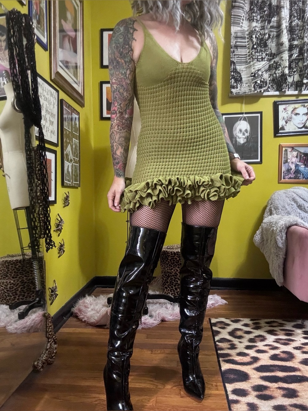 Musera Olive Green Crochet Ruffled Mini Dress Small